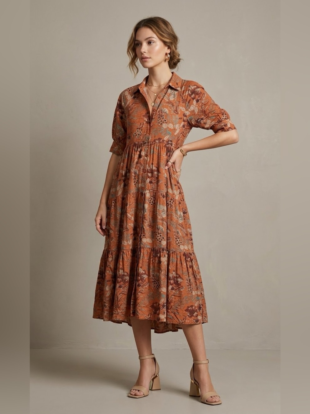 NATURAL LIFE Rust Floral Midi Dress